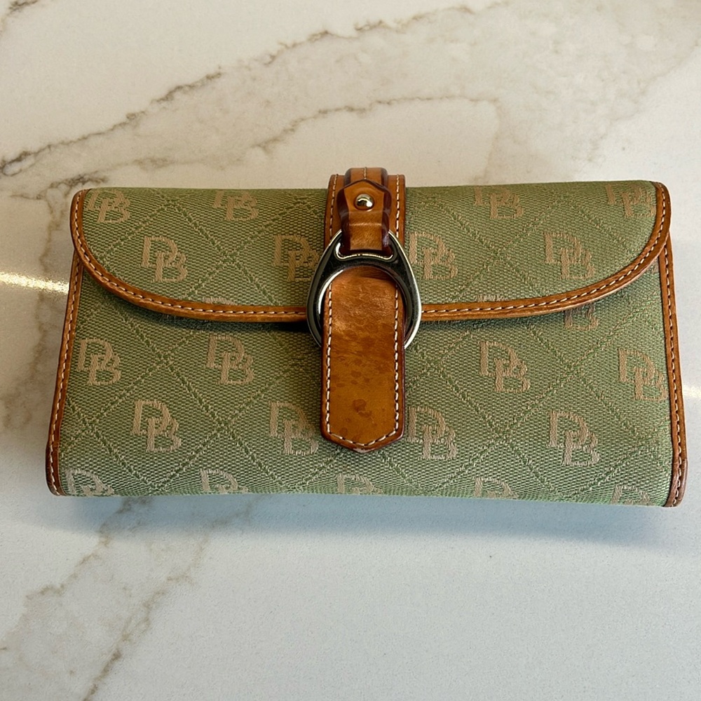 Vintage Y2K Rare Dooney & Bourke Green Pastel DB Logo Canvas Leather Wallet